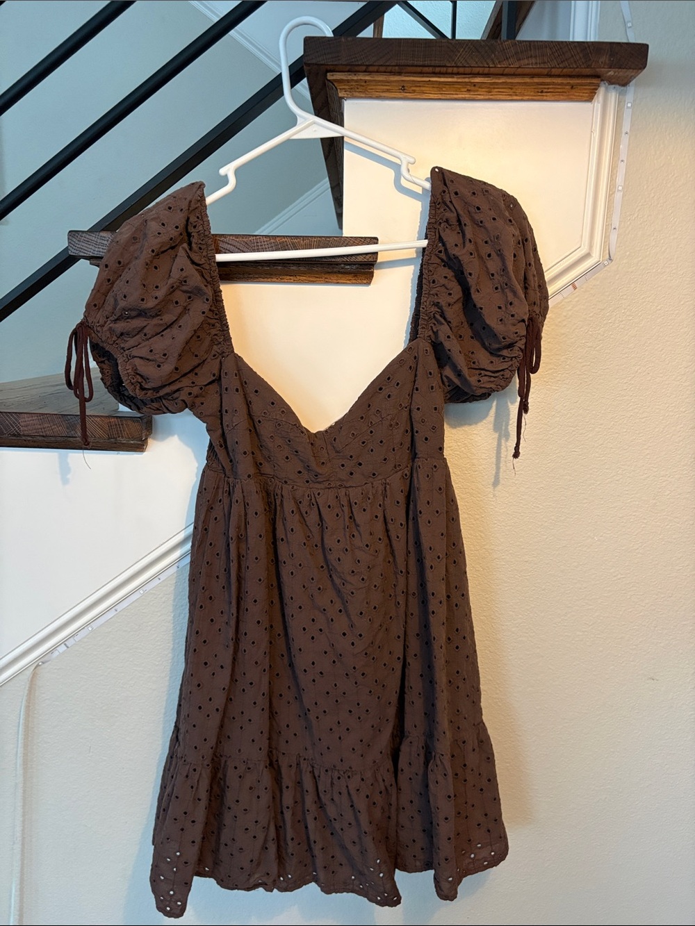 Olivaceous | Brown Puff-Sleeve Eyelet Mini Dress